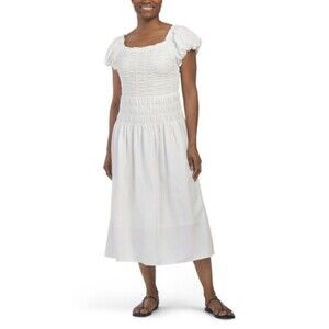 Kourt Malta Midi Dress White Linen Blend Smocked Balloon Sleeve Sz L 1354H1